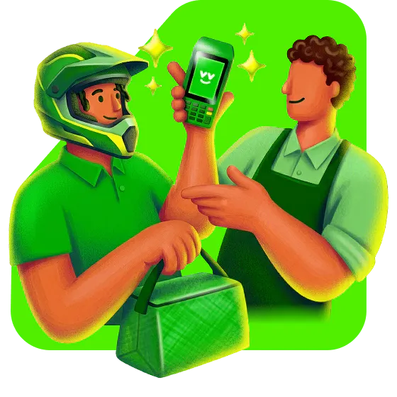 Entregador mostrando a maquininha Ton para um comerciante