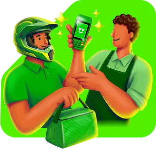 Entregador mostrando a maquininha Ton para um comerciante